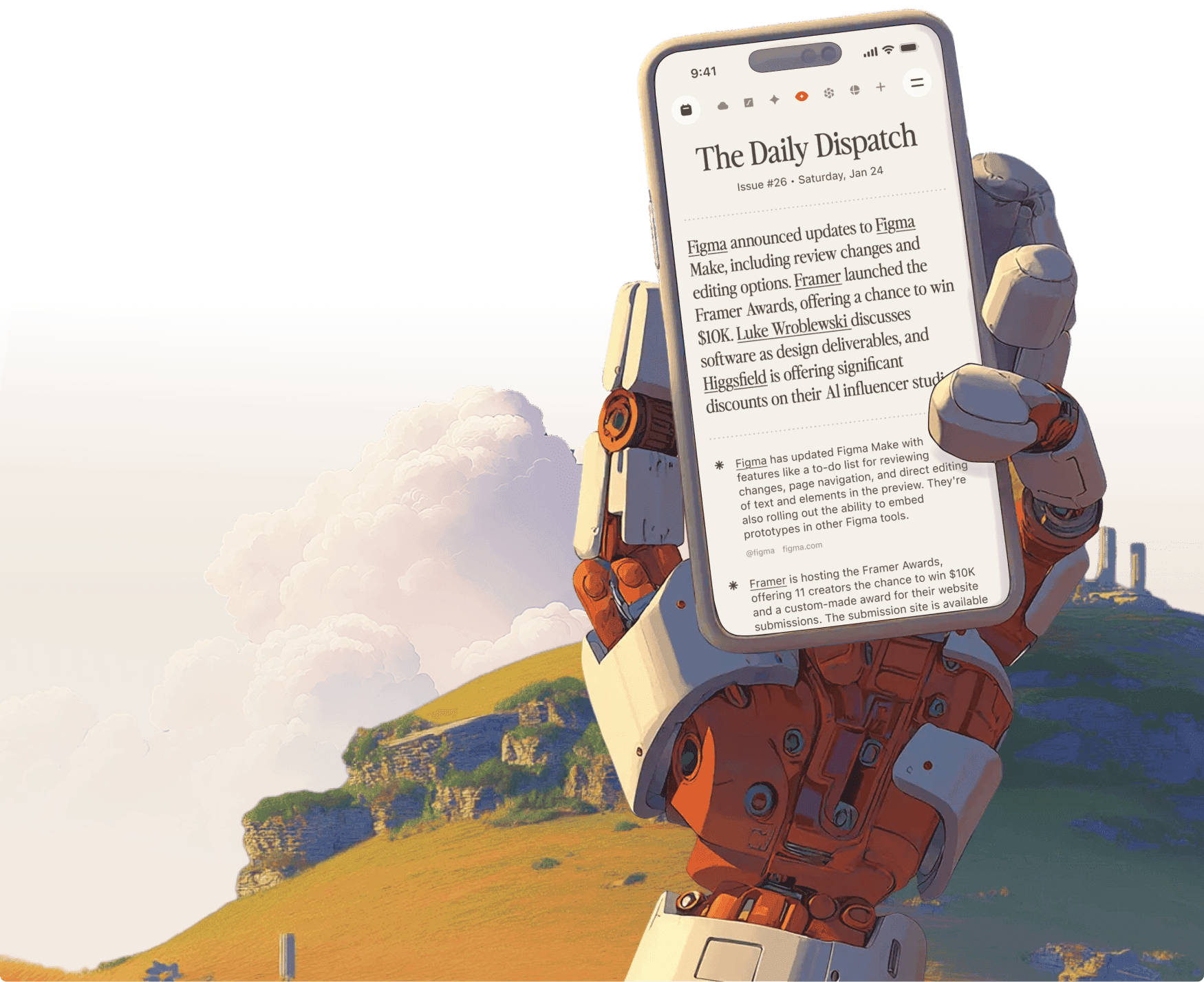 Robot holding a phone showing The Daily Dispatch app